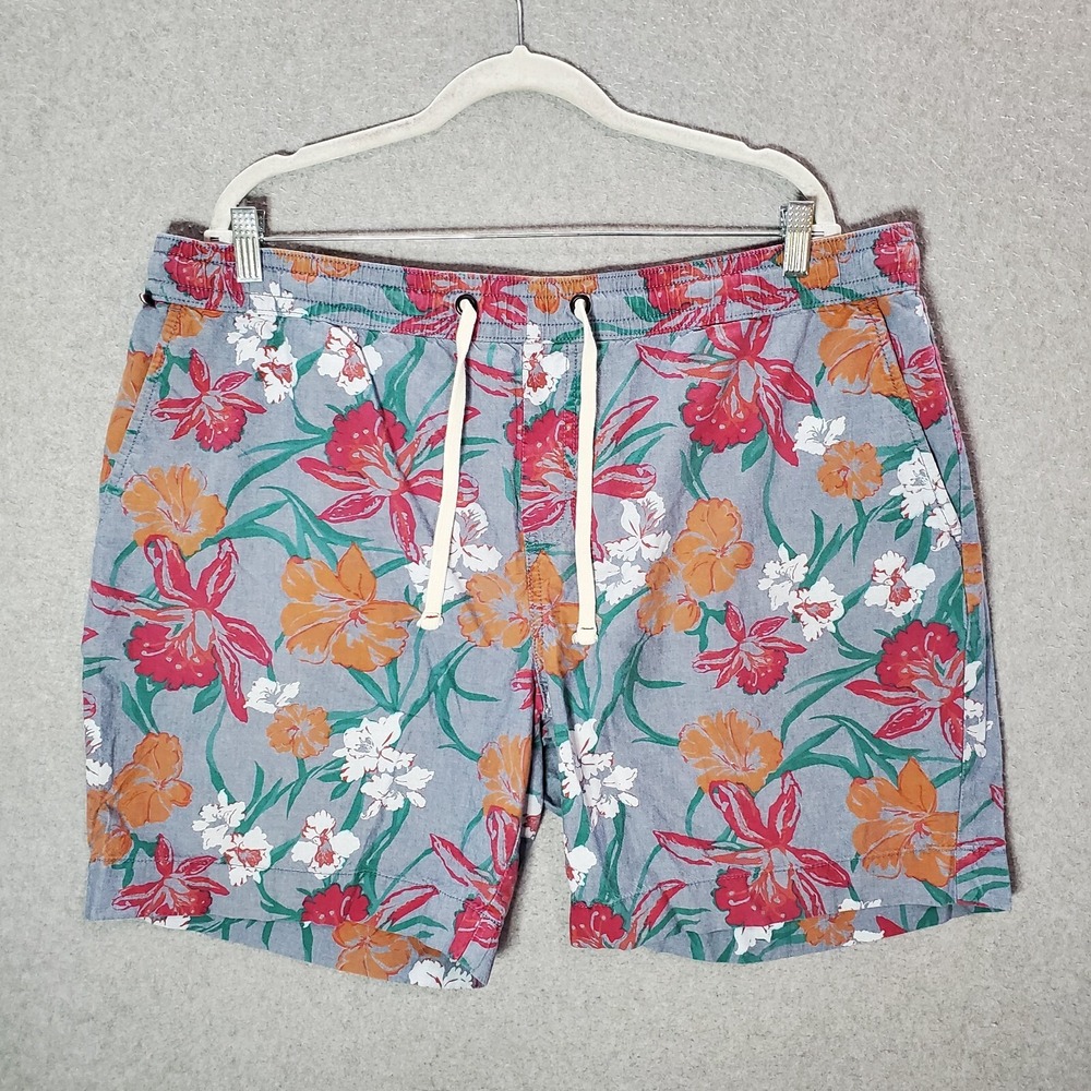 Tommy Hilfiger Men Shorts 2XL Gray Floral Hawaiian Drawstring 7" Inseam READ